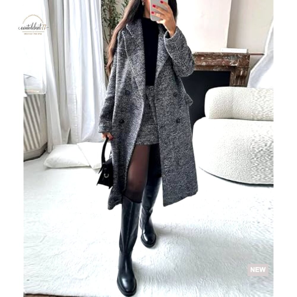 Women's Wool Herringbone Trench Coat Double Breasted Long Pea Coat - Picture 3 of 5